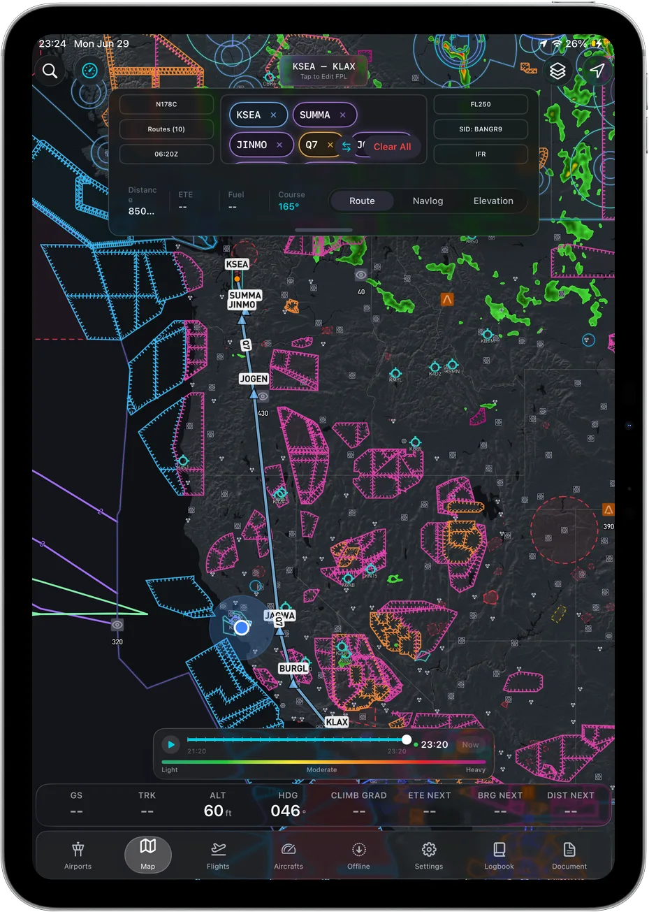 Ascent EFB showing a planned route with airspace, terrain and traffic on the moving map