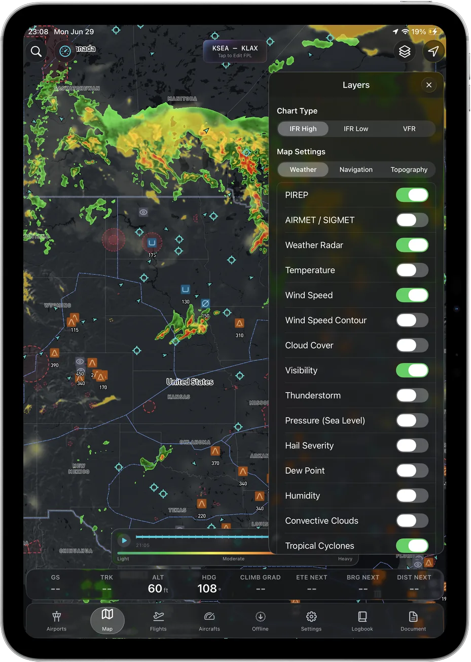 Weather layers available in Ascent EFB without a higher tier