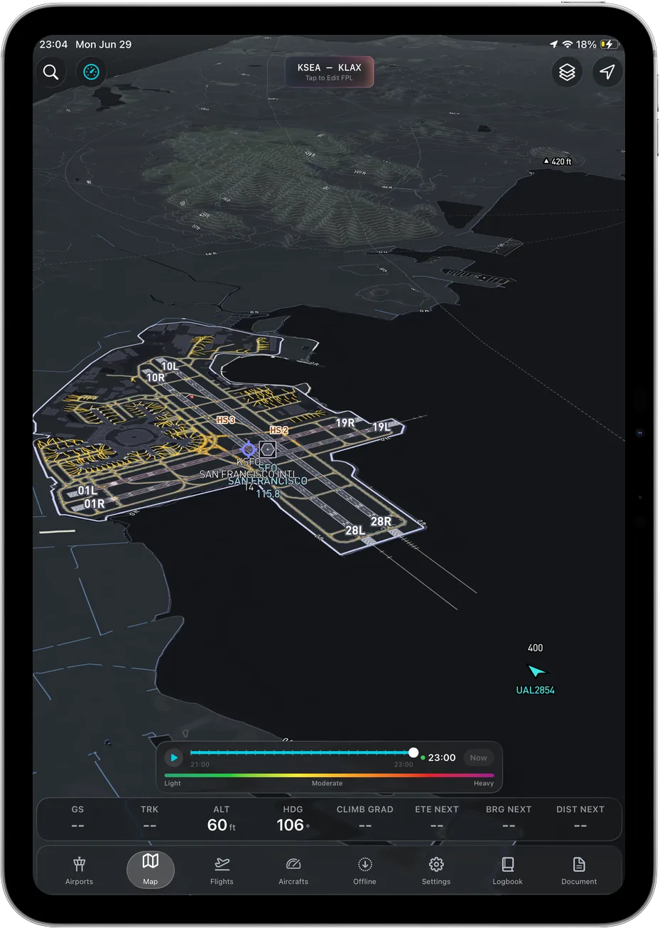 Mayday Mode in Ascent EFB showing a glide ring and ranked reachable runways over 3D terrain