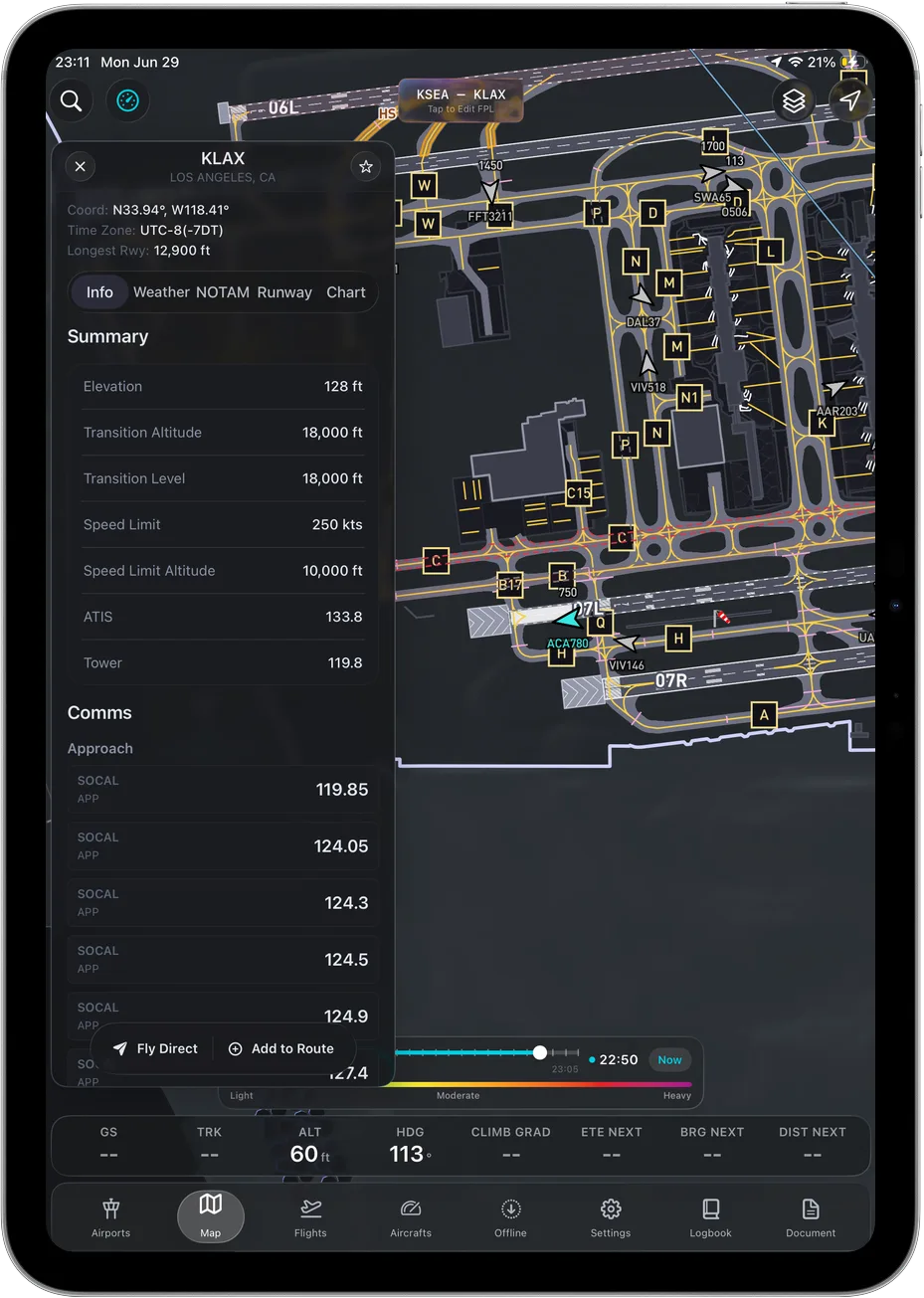 Geo-referenced taxi diagram with own-ship position in Ascent EFB