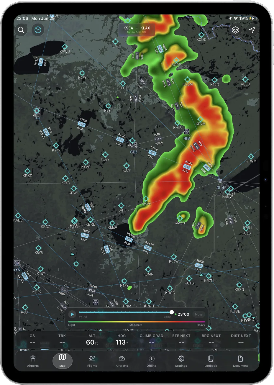 Geo-referenced charts and weather layered over a route in Ascent EFB
